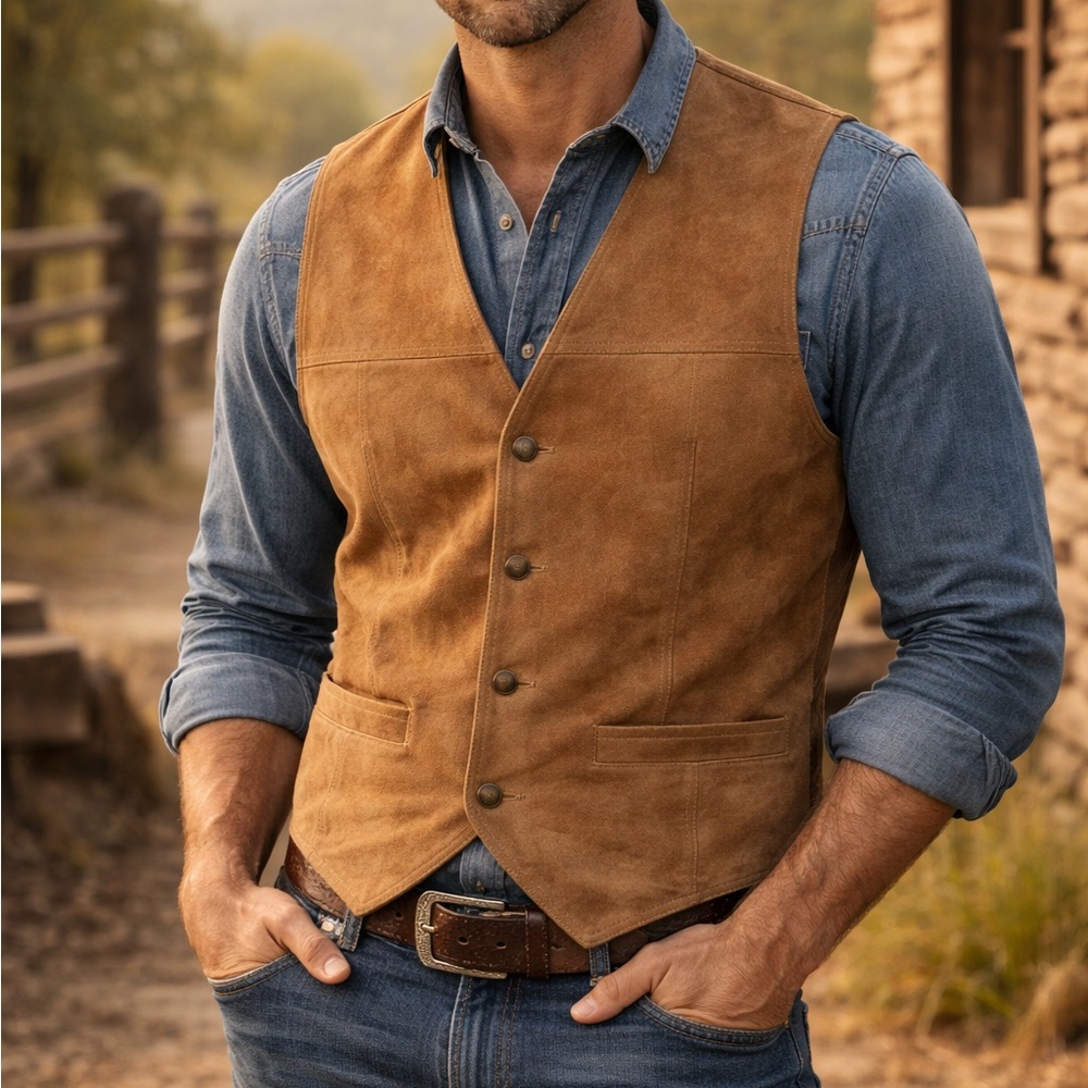 Vintage 725 Originals Men's Tan Suede Vest Retro Western